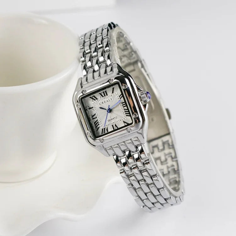 Lunarelle Square Silver Watch – Classic Stainless Steel Quartz Wristwatch for Women