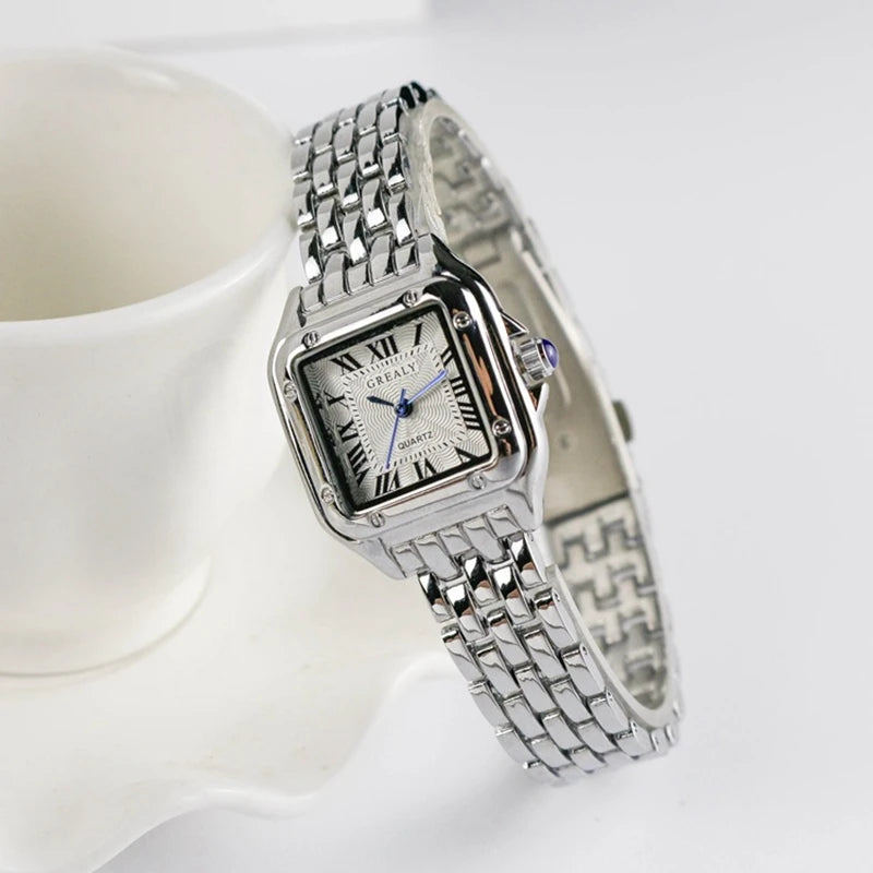 Lunarelle Square Silver Watch – Classic Stainless Steel Quartz Wristwatch for Women