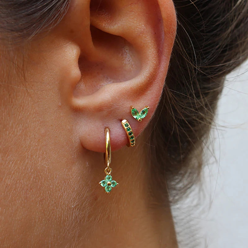 Lunarelle 3pc Green Zircon Dangle Earrings – Stainless Steel Flower Set for Women