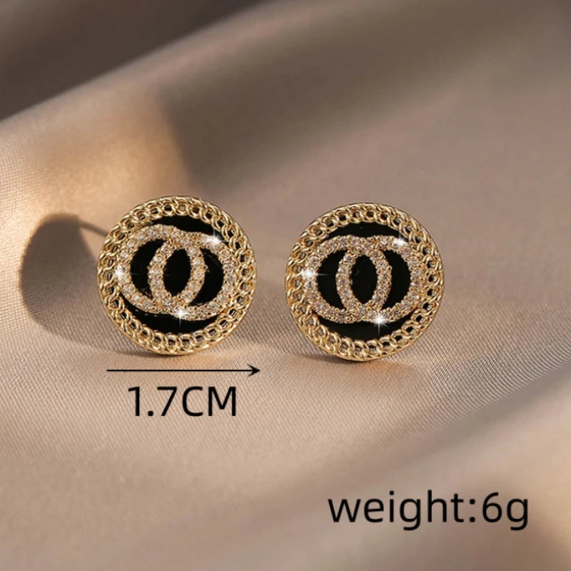 Lunarelle Black Enamel Crystal Double Circle Studs – Sweet Korean Style Earrings for Women