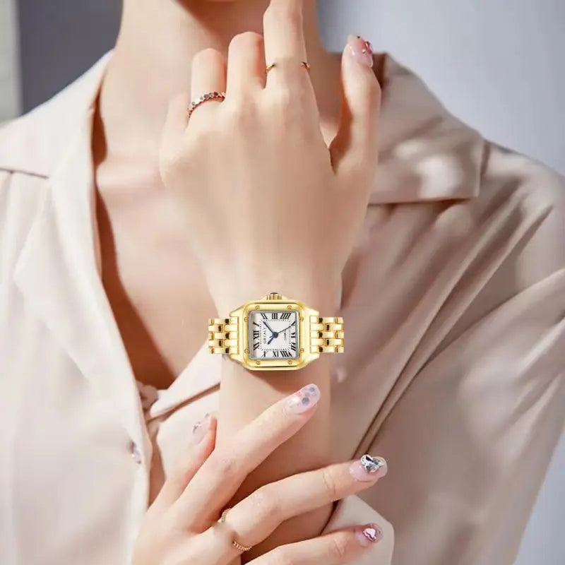 Lunarelle Square Gold Watch – Luxury Alloy Strap Quartz Wristwatch with Roman Scale for Women