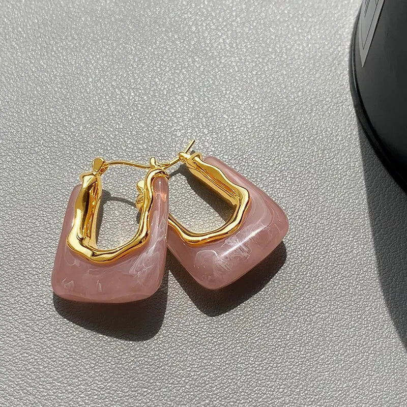 Lunarelle Green & Pink Resin Earrings – Geometric Irregular Studs for Women & Girls