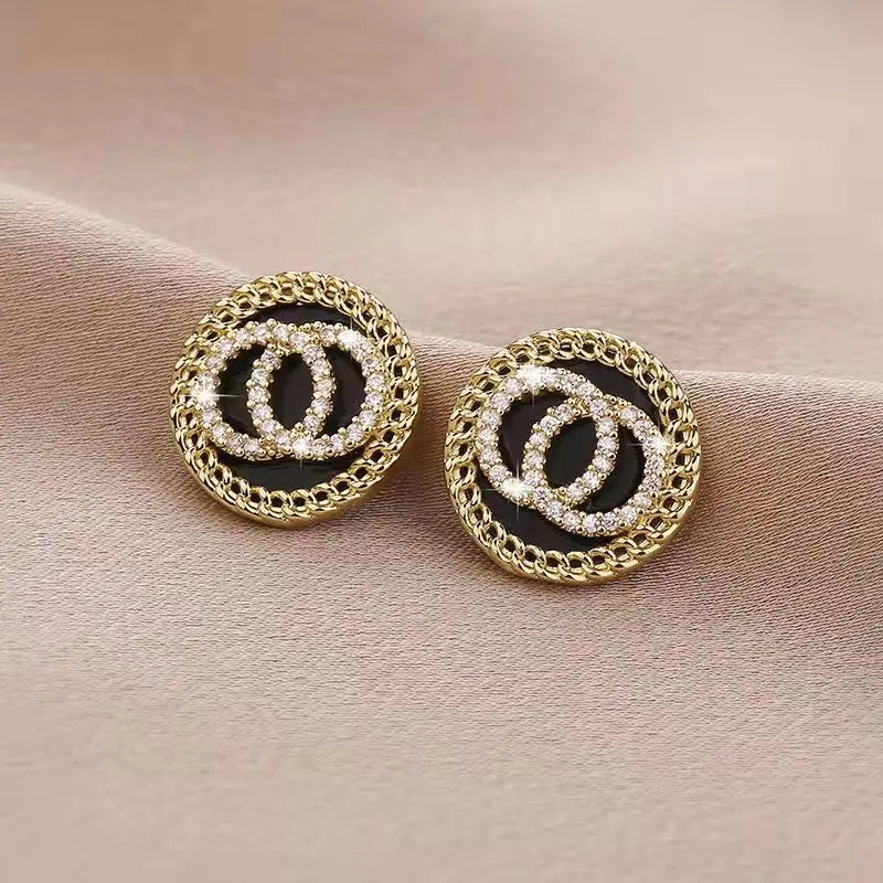 Lunarelle Black Enamel Crystal Double Circle Studs – Sweet Korean Style Earrings for Women