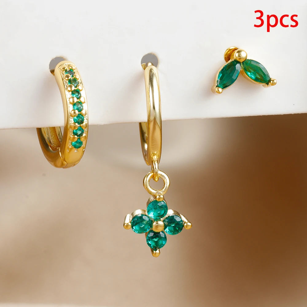Lunarelle 3pc Green Zircon Dangle Earrings – Stainless Steel Flower Set for Women