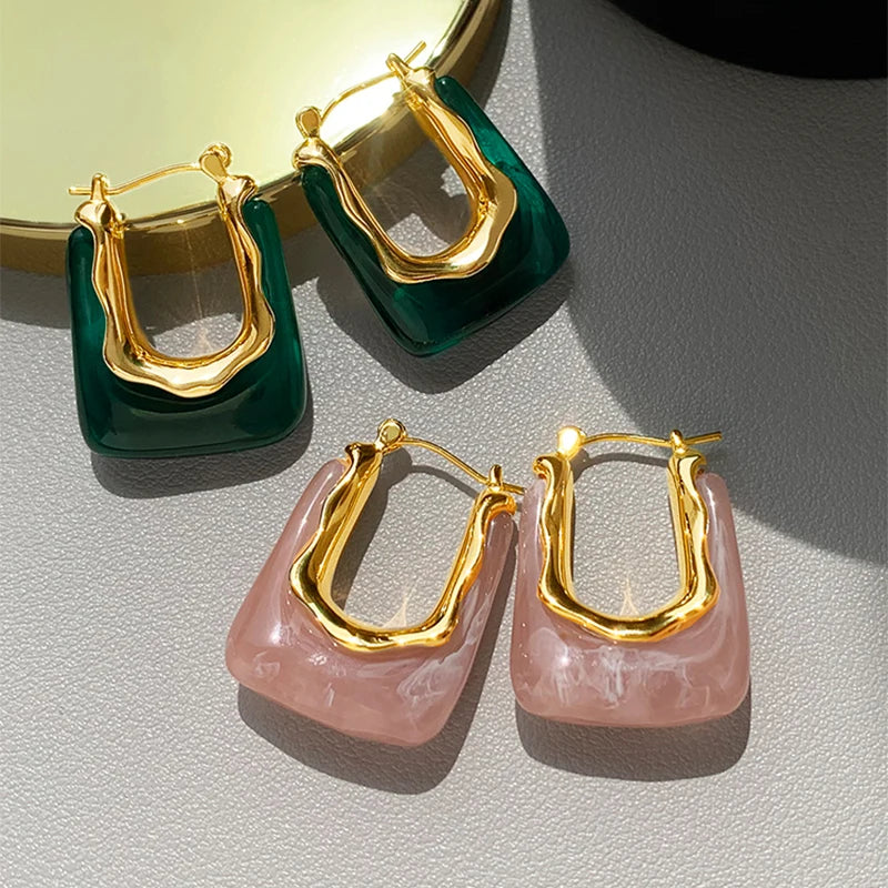 Lunarelle Green & Pink Resin Earrings – Geometric Irregular Studs for Women & Girls