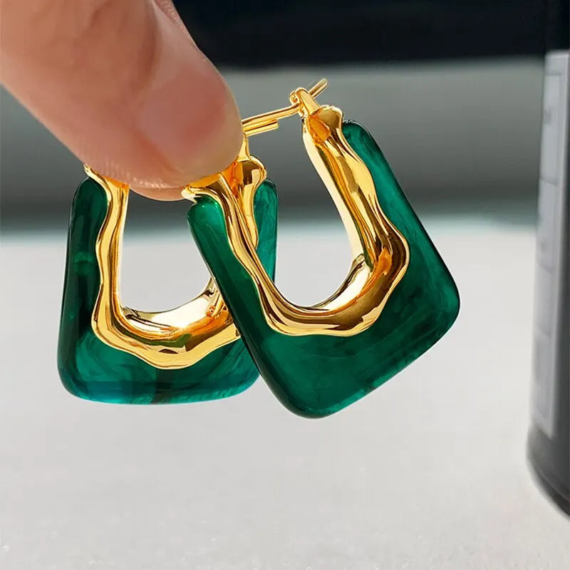 Lunarelle Green & Pink Resin Earrings – Geometric Irregular Studs for Women & Girls
