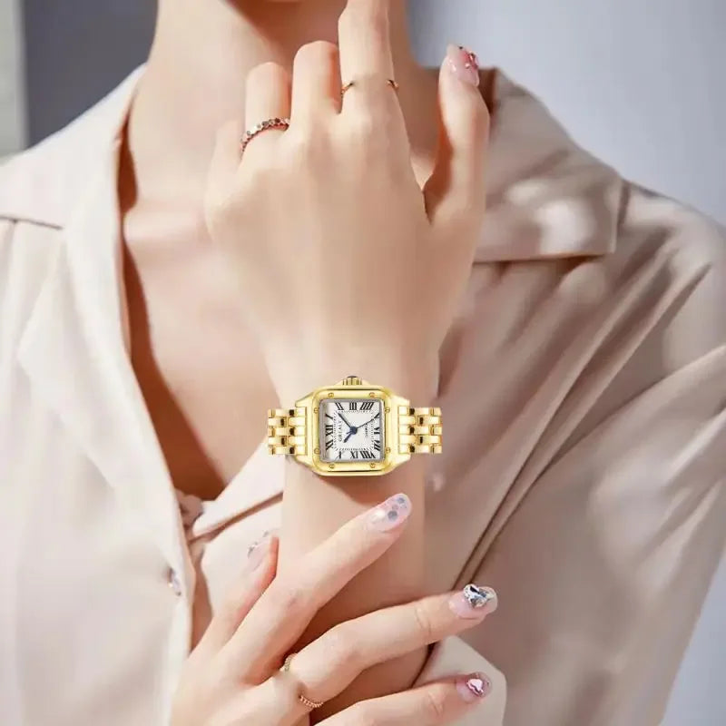 Lunarelle Square Gold Watch – Luxury Alloy Strap Quartz Wristwatch with Roman Scale for Women