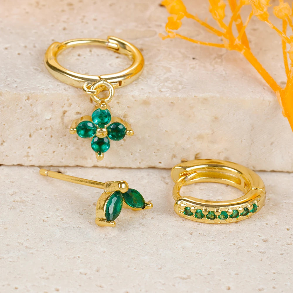 Lunarelle 3pc Green Zircon Dangle Earrings – Stainless Steel Flower Set for Women