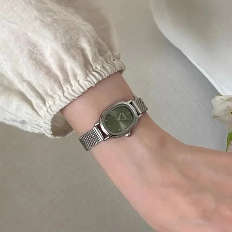 Lunarelle Small Oval Green Dial Watch – Simple Stainless Steel Quartz Wristwatch for Women
