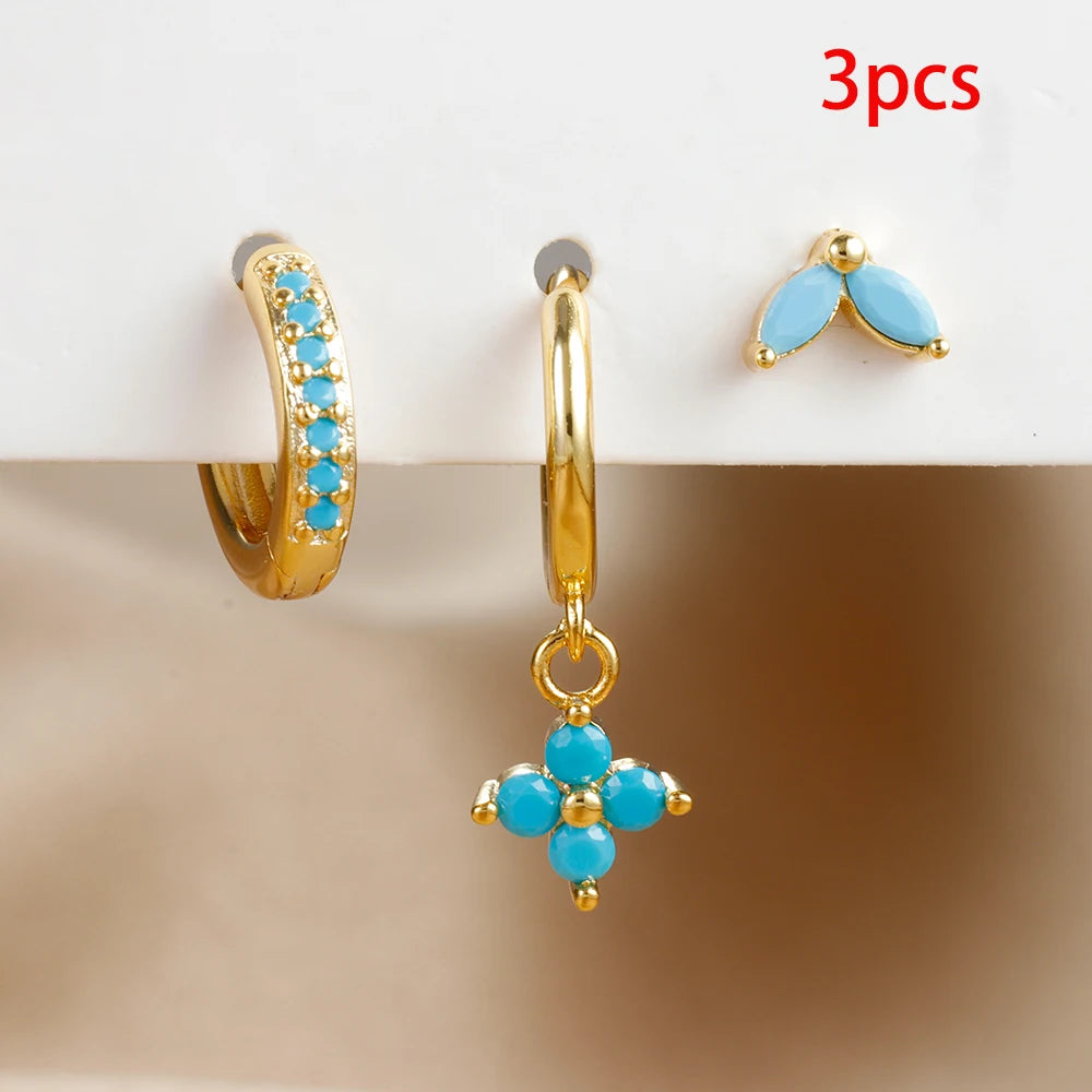 Lunarelle 3pc Green Zircon Dangle Earrings – Stainless Steel Flower Set for Women