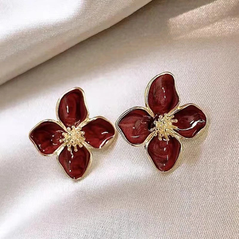 Lunarelle Hibiscus Glaze Flower Studs – Vintage French-Inspired Earrings for Women & Girls, 2024 Fashion