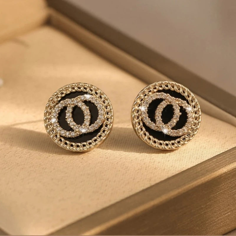 Lunarelle Black Enamel Crystal Double Circle Studs – Sweet Korean Style Earrings for Women