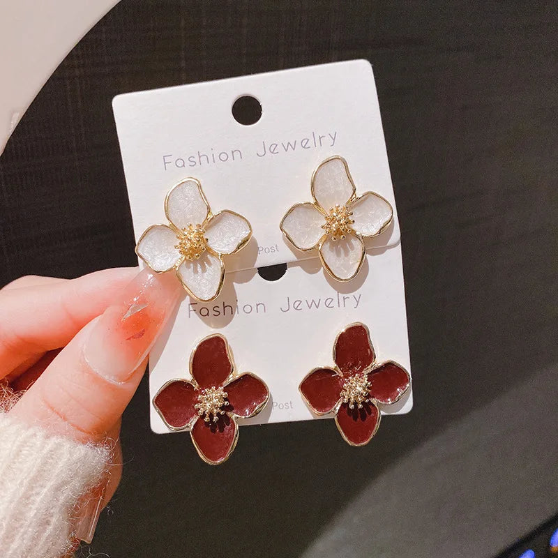 Lunarelle Hibiscus Glaze Flower Studs – Vintage French-Inspired Earrings for Women & Girls, 2024 Fashion