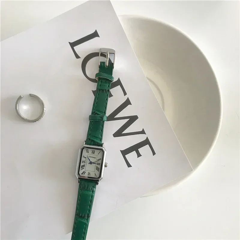 Lunarelle Retro Rectangle Watch – Classic Quartz Leather Strap for Women