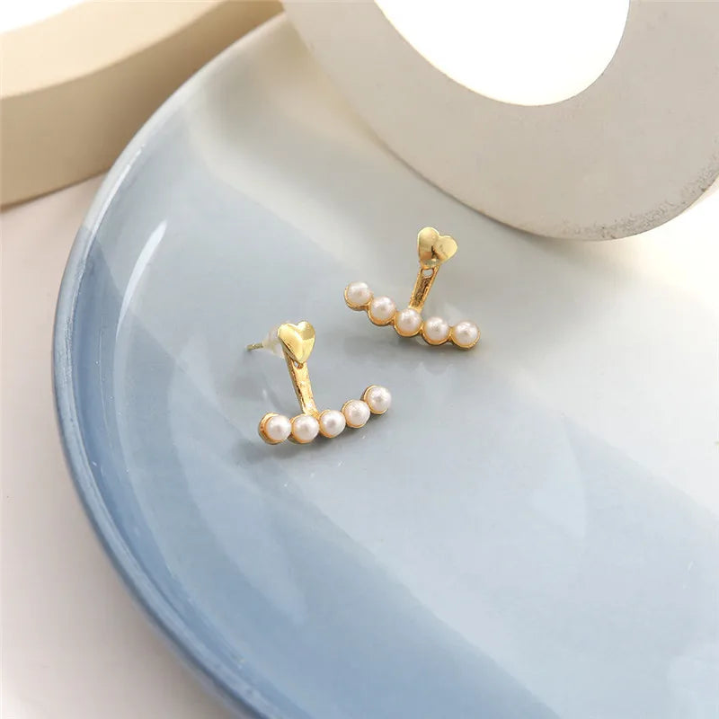 Lunarelle Elegant Gold Heart Pearl Studs – Korean Fashion Earrings for Women & Girls