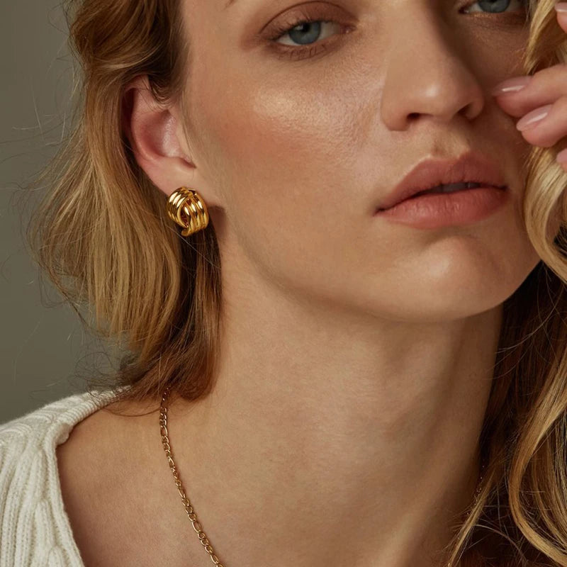 Lunarelle Three-Layer Knot Earrings – Gold Textured Stainless Steel