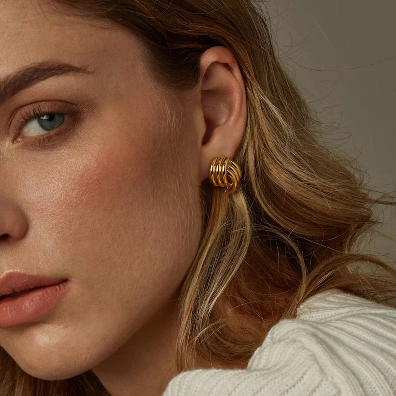 Lunarelle Three-Layer Knot Earrings – Gold Textured Stainless Steel