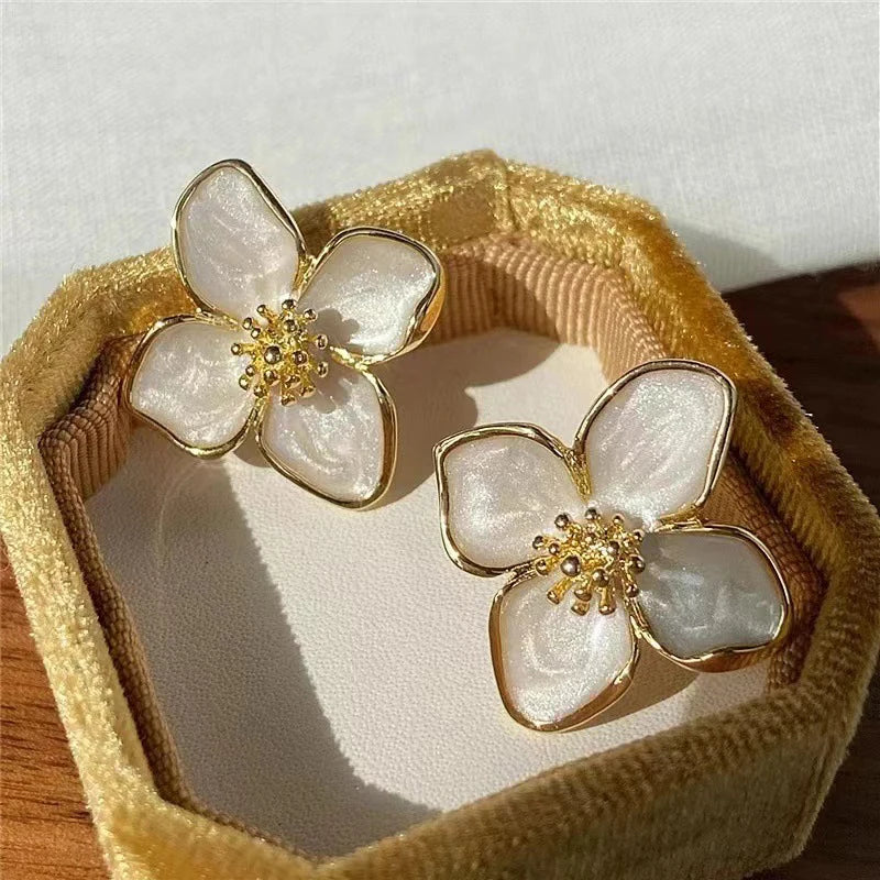 Lunarelle Hibiscus Glaze Flower Studs – Vintage French-Inspired Earrings for Women & Girls, 2024 Fashion