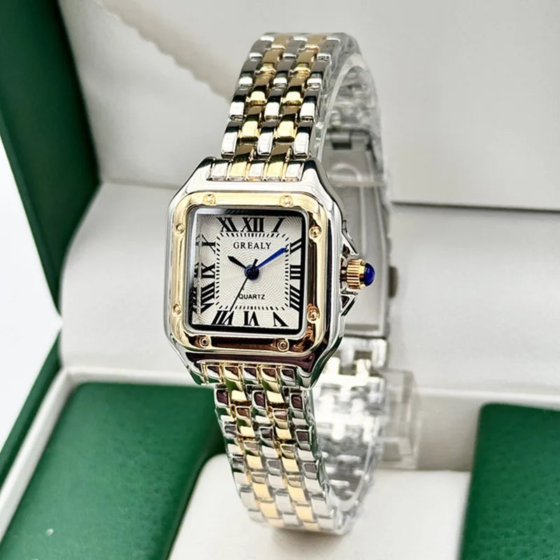 Lunarelle Square Gold Watch – Luxury Alloy Strap Quartz Wristwatch with Roman Scale for Women