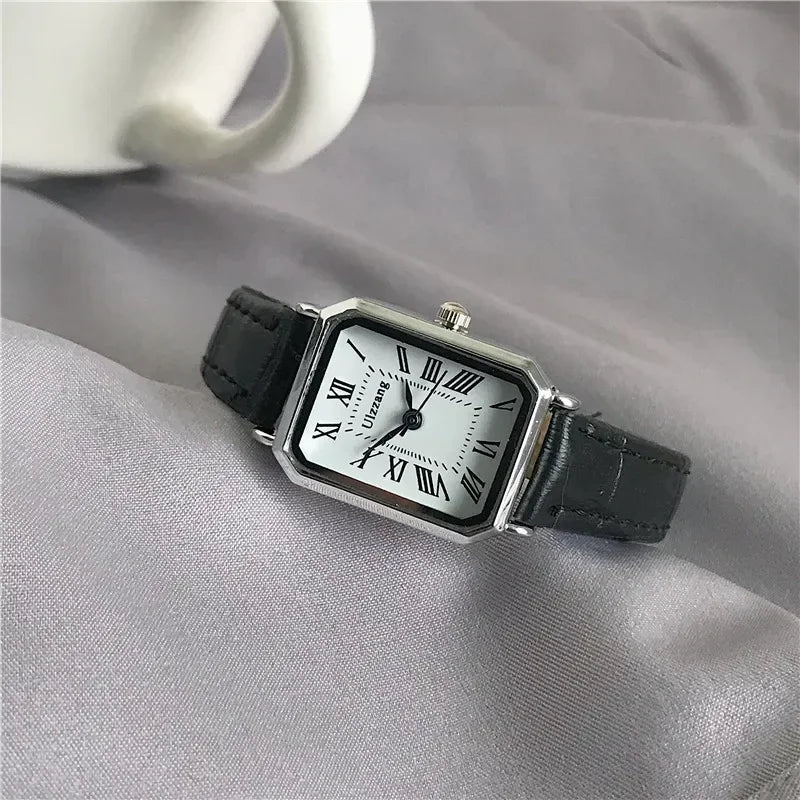 Lunarelle Retro Rectangle Watch – Classic Quartz Leather Strap for Women