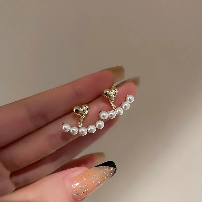 Lunarelle Elegant Gold Heart Pearl Studs – Korean Fashion Earrings for Women & Girls