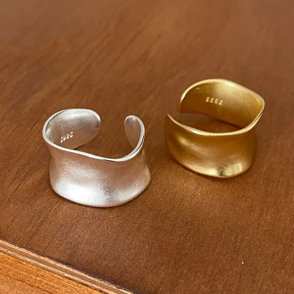 Lunarelle 925 Sterling Silver Gold Flat Ring – Simple Vintage Open Ring for Women