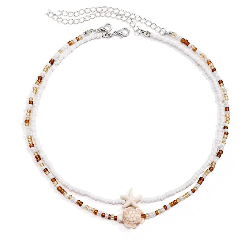 Lunarelle Tidepool Starfish Necklace – Boho Surf Beaded Choker with Turtle & Ocean-Inspired Charm