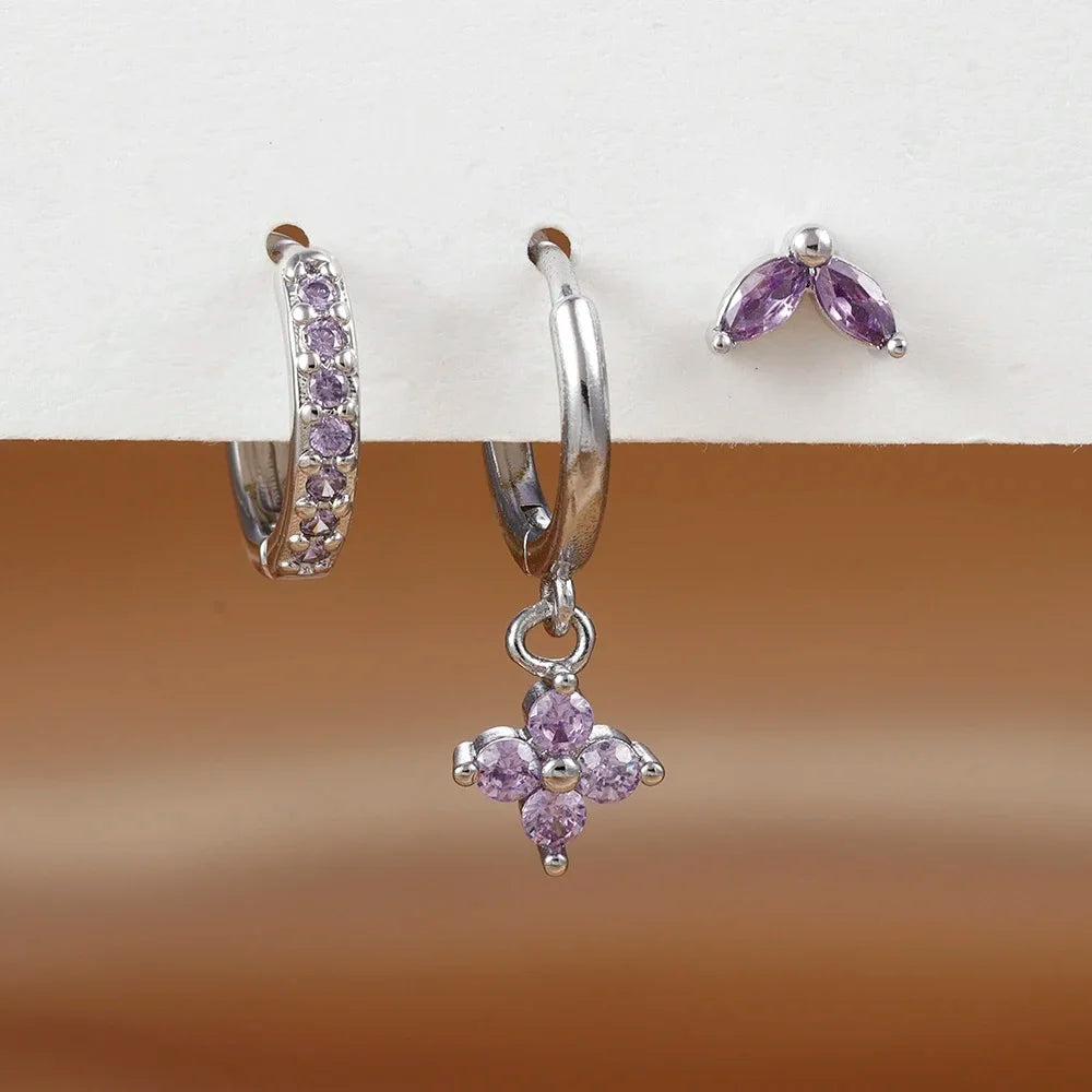 Lunarelle 3pc Green Zircon Dangle Earrings – Stainless Steel Flower Set for Women