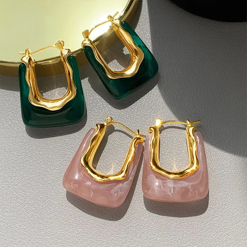 Lunarelle Green & Pink Resin Earrings – Geometric Irregular Studs for Women & Girls