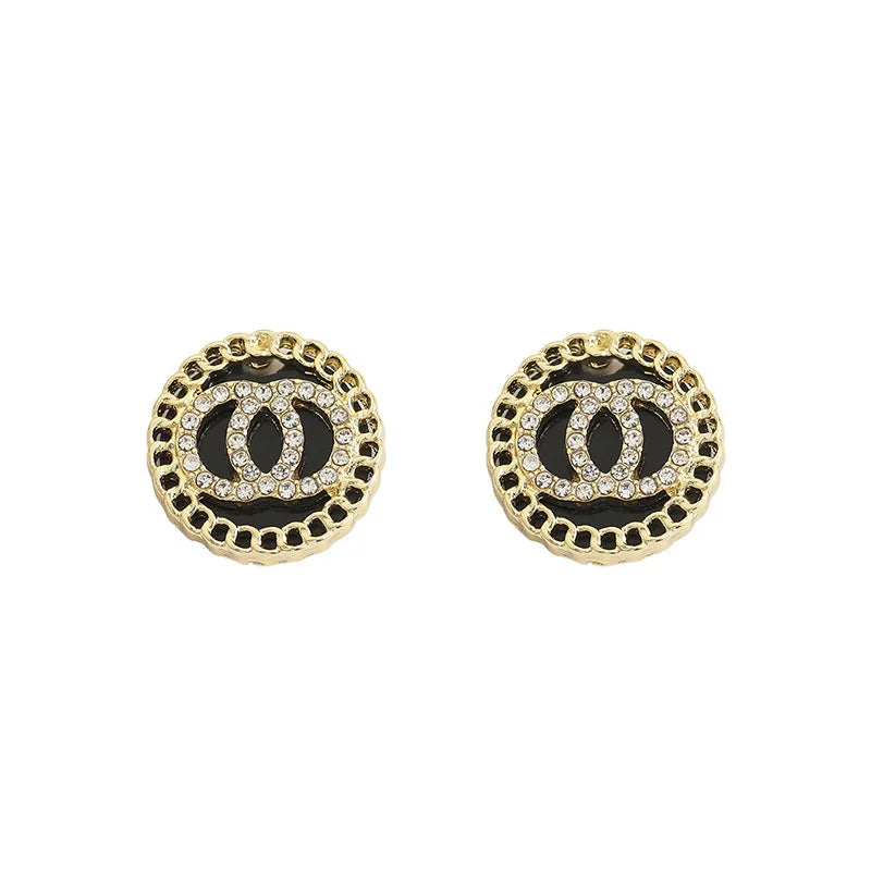 Lunarelle Black Enamel Crystal Double Circle Studs – Sweet Korean Style Earrings for Women