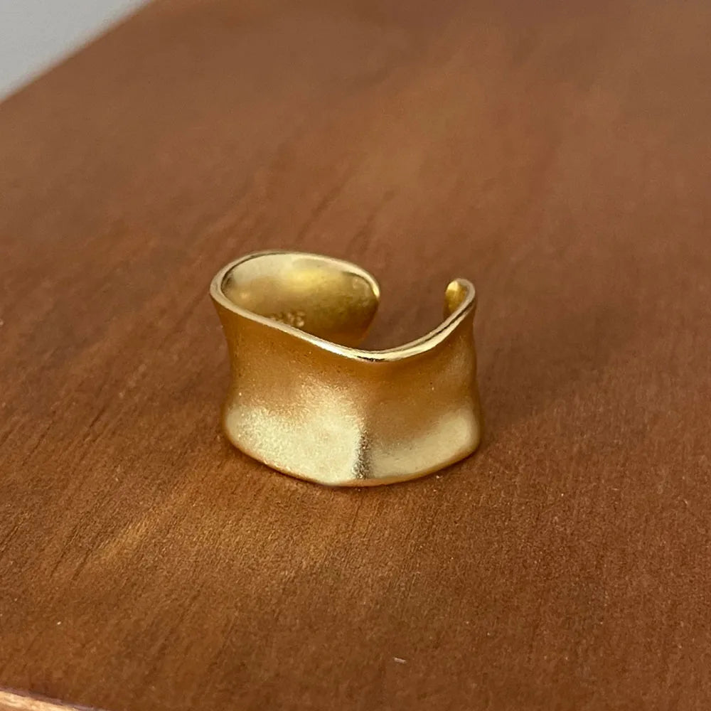 Lunarelle 925 Sterling Silver Gold Flat Ring – Simple Vintage Open Ring for Women