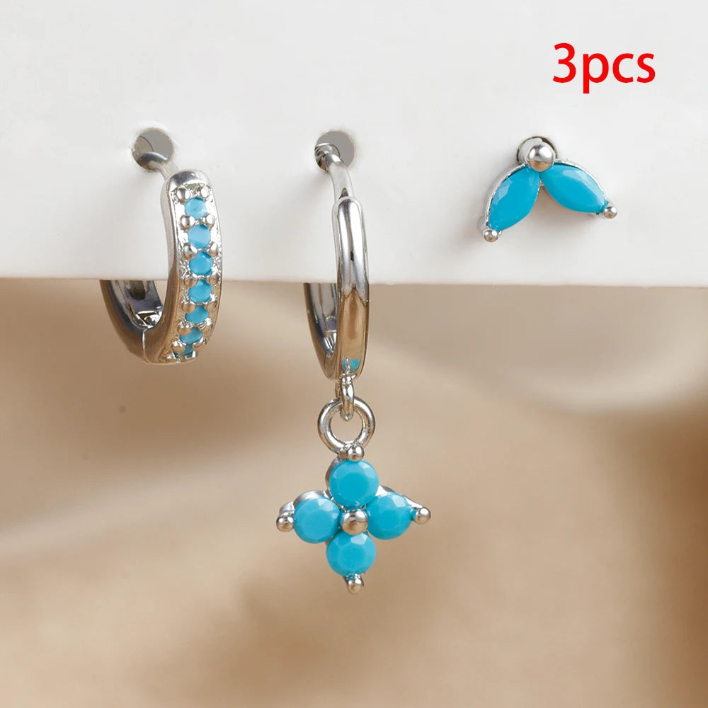 Lunarelle 3pc Green Zircon Dangle Earrings – Stainless Steel Flower Set for Women