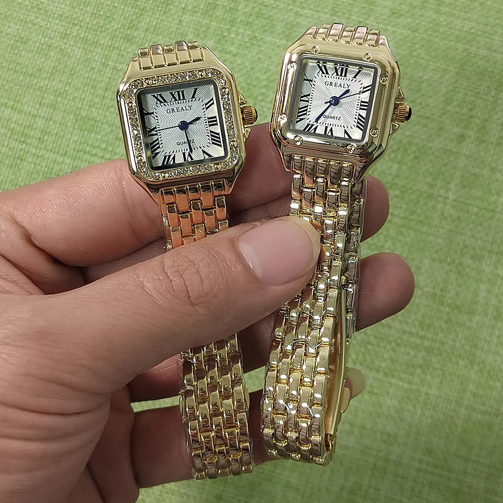Lunarelle Square Gold Watch – Luxury Alloy Strap Quartz Wristwatch with Roman Scale for Women
