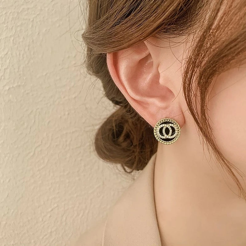 Lunarelle Black Enamel Crystal Double Circle Studs – Sweet Korean Style Earrings for Women