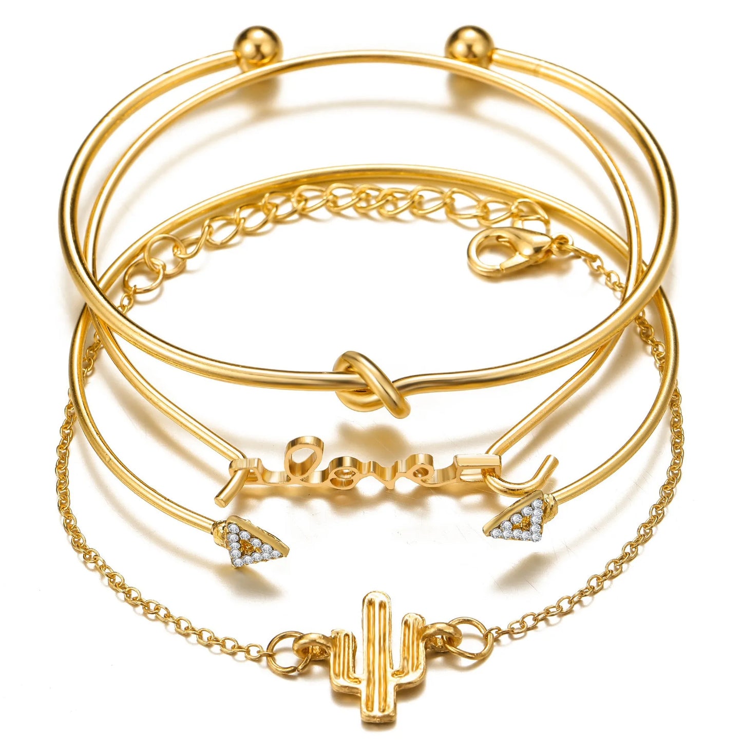 Lunarelle Bohemian Gold Chain Bracelet Set – Thick Link & Open Bangle