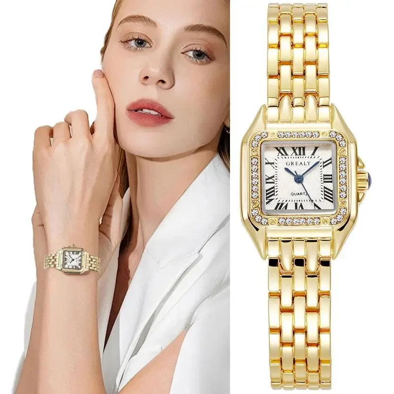 Lunarelle Square Gold Watch – Luxury Alloy Strap Quartz Wristwatch with Roman Scale for Women
