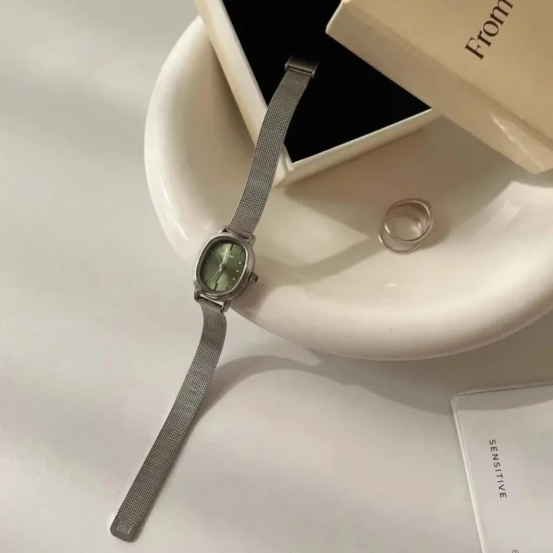 Lunarelle Small Oval Green Dial Watch – Simple Stainless Steel Quartz Wristwatch for Women