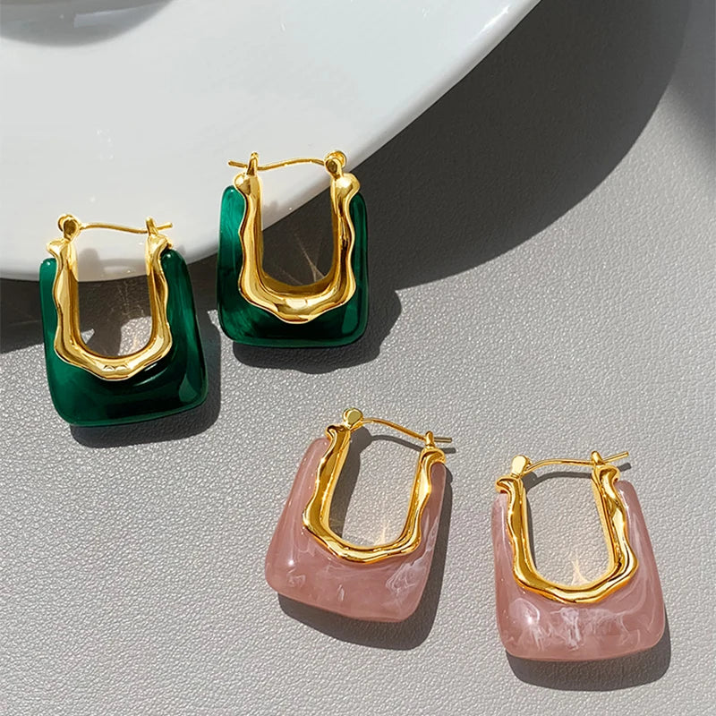 Lunarelle Green & Pink Resin Earrings – Geometric Irregular Studs for Women & Girls
