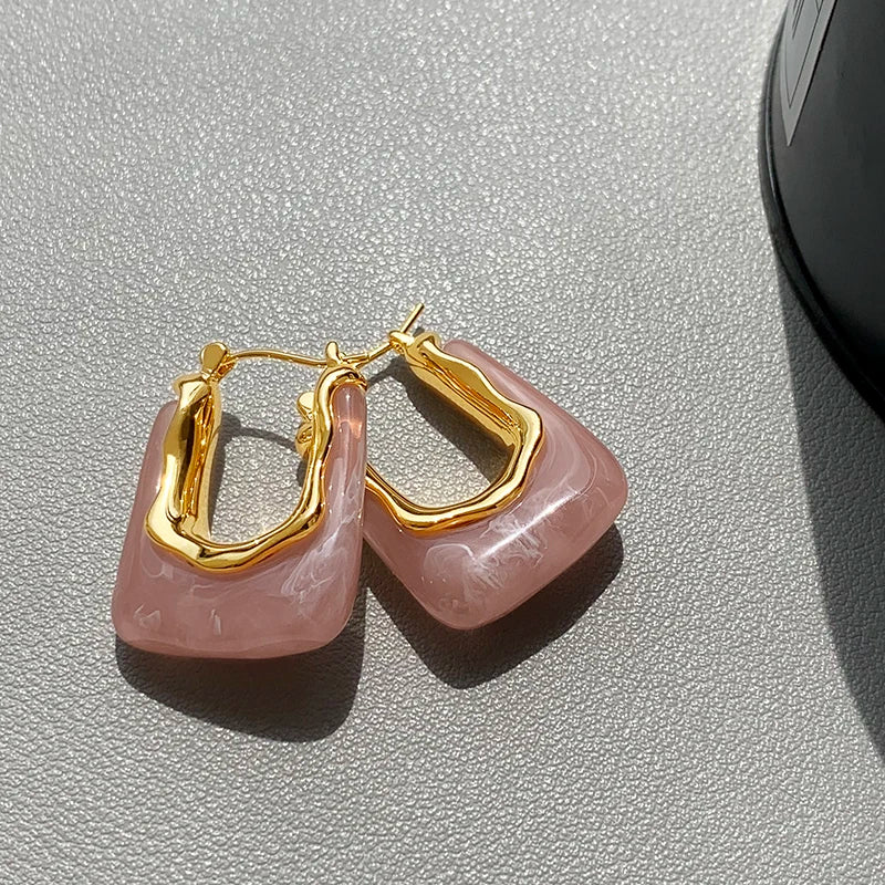 Lunarelle Green & Pink Resin Earrings – Geometric Irregular Studs for Women & Girls