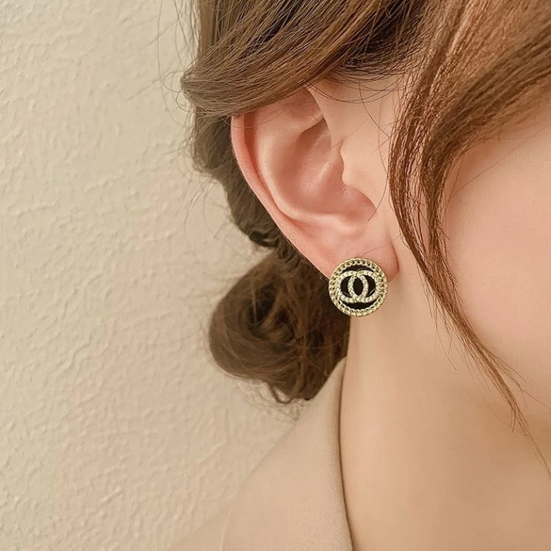 Lunarelle Black Enamel Crystal Double Circle Studs – Sweet Korean Style Earrings for Women