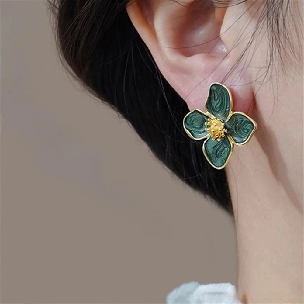 Lunarelle Hibiscus Glaze Flower Studs – Vintage French-Inspired Earrings for Women & Girls, 2024 Fashion