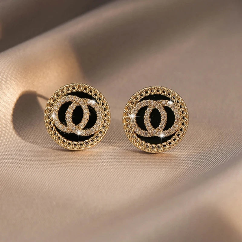 Lunarelle Black Enamel Crystal Double Circle Studs – Sweet Korean Style Earrings for Women