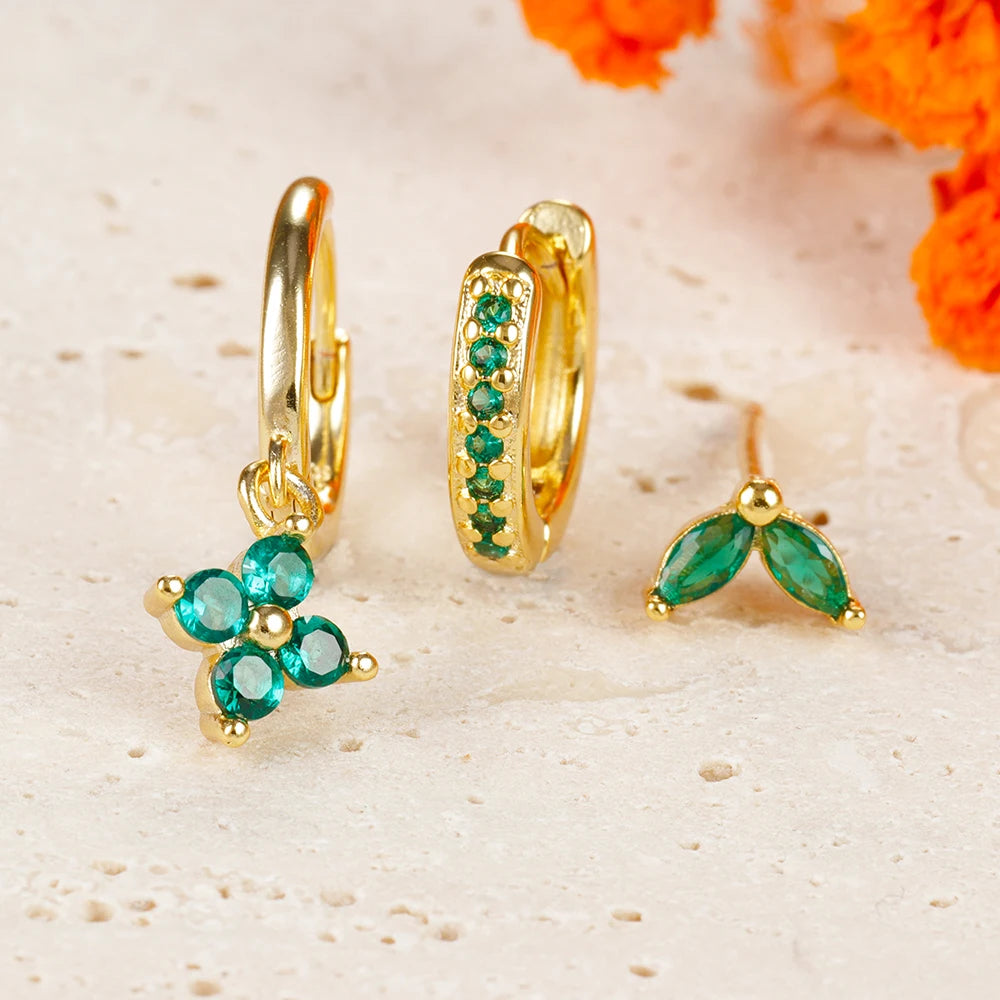 Lunarelle 3pc Green Zircon Dangle Earrings – Stainless Steel Flower Set for Women