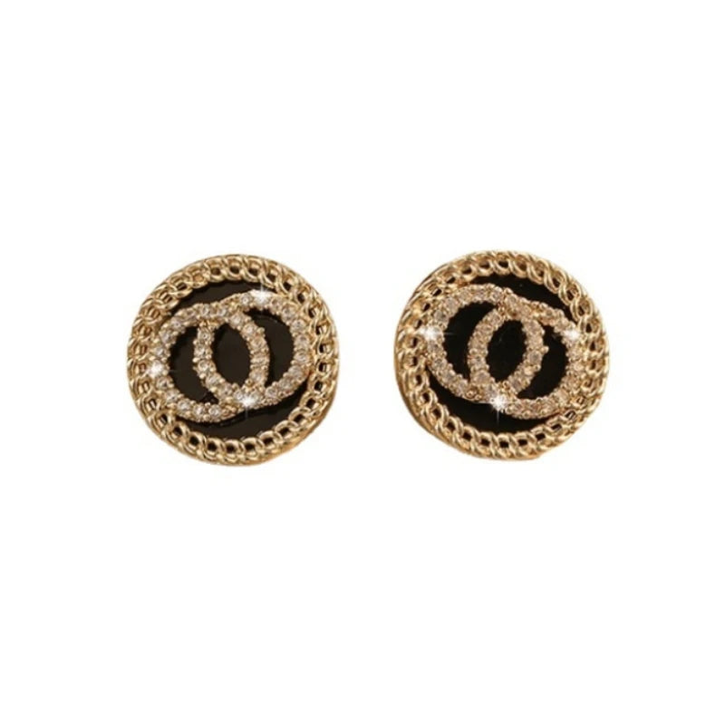 Lunarelle Black Enamel Crystal Double Circle Studs – Sweet Korean Style Earrings for Women