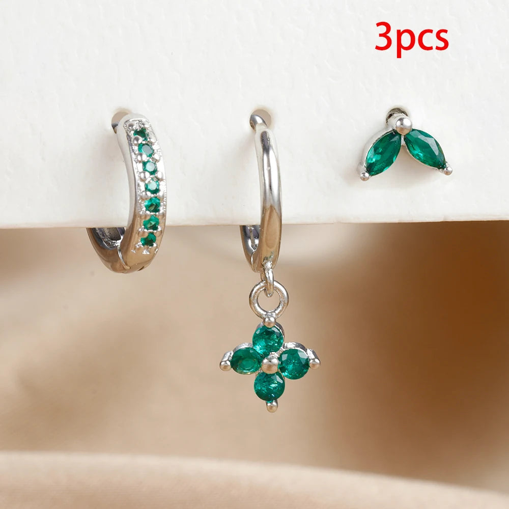 Lunarelle 3pc Green Zircon Dangle Earrings – Stainless Steel Flower Set for Women
