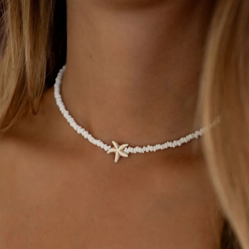 Lunarelle Tidepool Starfish Necklace – Boho Surf Beaded Choker with Turtle & Ocean-Inspired Charm