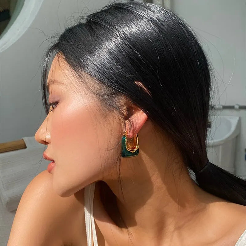 Lunarelle Green & Pink Resin Earrings – Geometric Irregular Studs for Women & Girls