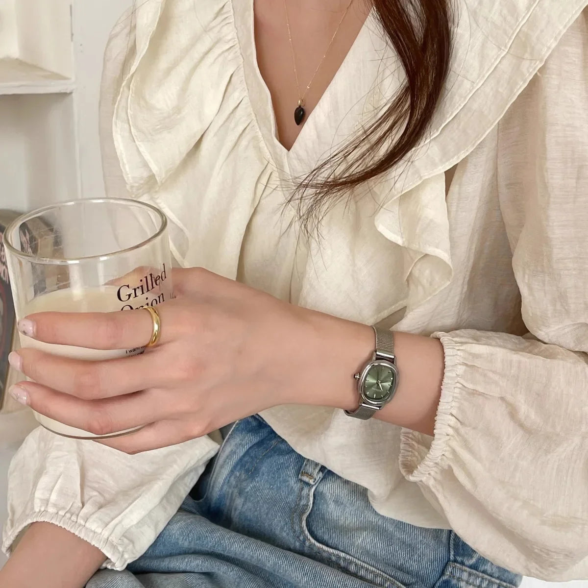 Lunarelle Small Oval Green Dial Watch – Simple Stainless Steel Quartz Wristwatch for Women
