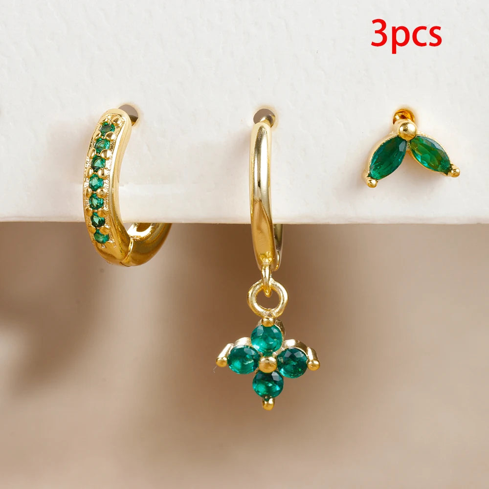 Lunarelle 3pc Green Zircon Dangle Earrings – Stainless Steel Flower Set for Women
