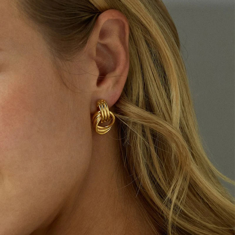 Lunarelle Three-Layer Knot Earrings – Gold Textured Stainless Steel